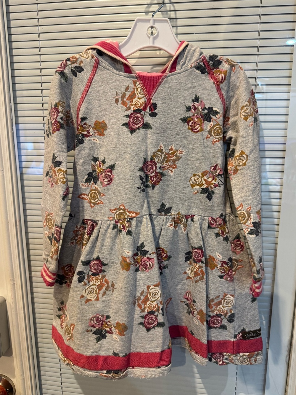 Matilda Jane Girls Floral Hooded Dress Size 6 Gray Pink Roses Long Sleeve